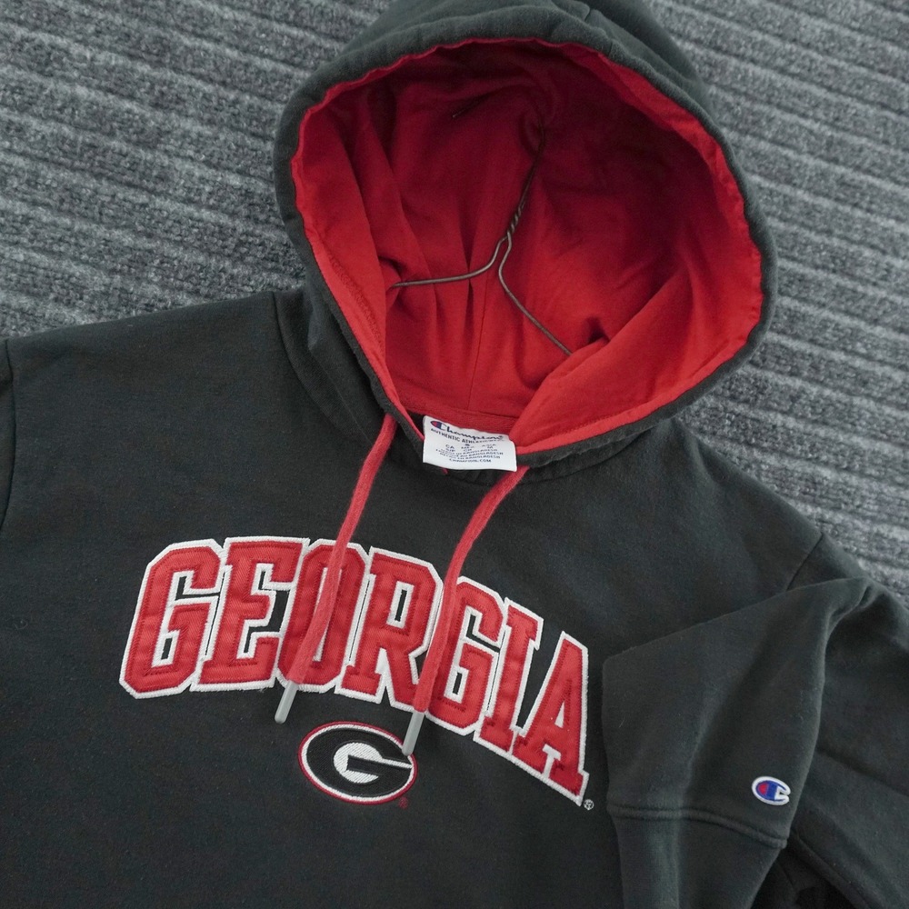 Champion Georgia Bulldogs Hoodie Mens Small Black Red Spell Out Logo Sweatshirt